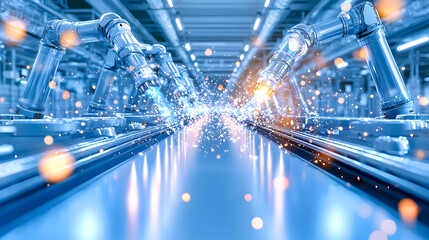 Poster - A futuristic industrial setting showcasing robotic arms and sparks, highlighting advanced automation in a production line