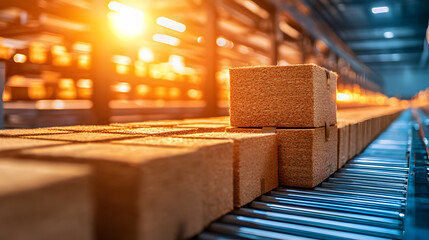 Aufkleber - A close-up view of stacked industrial blocks in a warehouse, highlighted by warm lighting, showcasing a well-organized production process