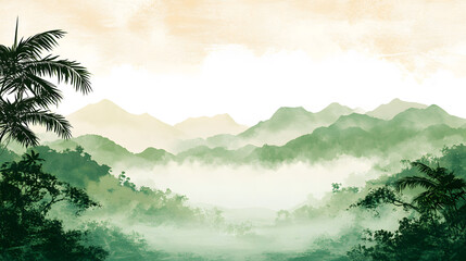 Poster - A serene landscape depicting lush mountains shrouded in mist, with tropical trees framing the view, creating a tranquil atmosphere