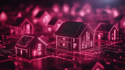 Poster - A futuristic digital representation of houses in a vibrant pink hue, showcasing a blend of technology and architecture