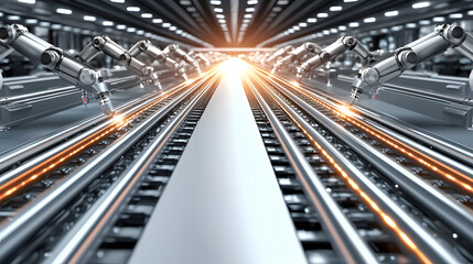 Poster - A futuristic manufacturing scene featuring robotic arms working along a sleek production line illuminated by bright lights
