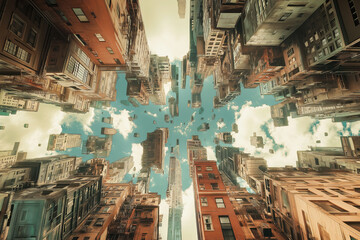 Poster - A dreamlike cityscape with exaggerated, surreal architectural elements.