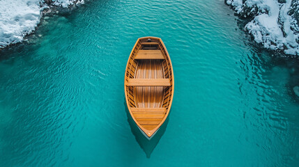 Aufkleber - Wooden Boat on Turquoise River in Winter Landscape, Top View