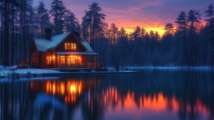 Canvas Print - Winter cabin sunset lake reflection