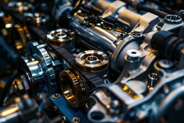 Poster - close up view of brand new v8 engine working with many details