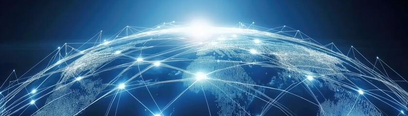 Global network connection, digital world map, bright background, data visualization, tech website