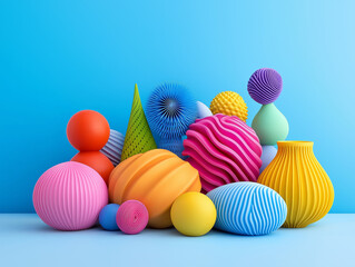 Poster - A collection of colorful, textured 3D geometric shapes against a bright blue background, showcasing creativity and modern abstract design.
