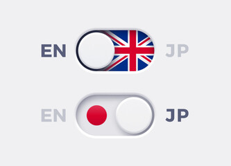 Fototapete - English language mode and Japan language mode toggle switch buttons. Toggle slider with United Kingdome flag icon and Japan flag icon. Material design slider switch buttons set. Vector illustration.