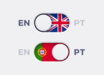 Fototapete - English language mode and Portuguese language mode toggle switch buttons.Toggle slider with United Kingdome flag icon and Portuguese flag icon. Material design slider switch buttons vector set.