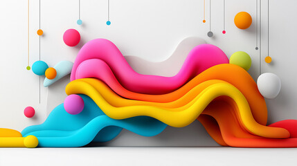 Poster - Dynamic and colorful abstract patterns showcasing modern design elements in a spacious interior environment with playful shapes and vivid hues