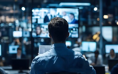 Poster - A focused professional sits in front of multiple screens displaying live news, analysis, and data, symbolizing modern information processing in a fast-paced digital world.