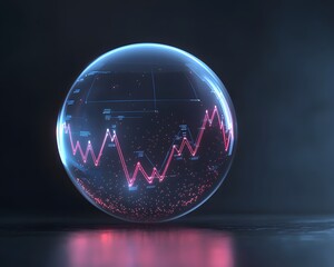 Poster - A futuristic digital globe displaying stock market trends with vibrant red lines on a sleek surface, symbolizing data analysis and financial growth in a modern tech environment.