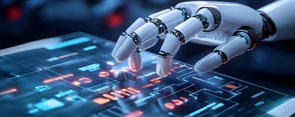 Poster - a futuristic robotic hand interacts with a digital interface, showcasing advanced technology and inn