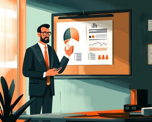 Poster - A professional man presenting data insights on a digital screen during a corporate meeting, showcasing analytical charts and graphs in a modern office environment.