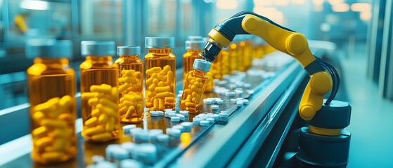 Poster - A robotic arm efficiently sorts and packages yellow capsules in a pharmaceutical factory. This image showcases modern automation and technology in the drug manufacturing process.