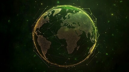 Poster - Global Network Connection Digital Earth Abstract Green Gold Technology Background Futuristic World Map Illustration Digital Globe Networked Planet Golden Lines 