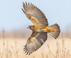 A ferruginous hawk in flight, wings spread wide against a blurred background of dry vegetation.