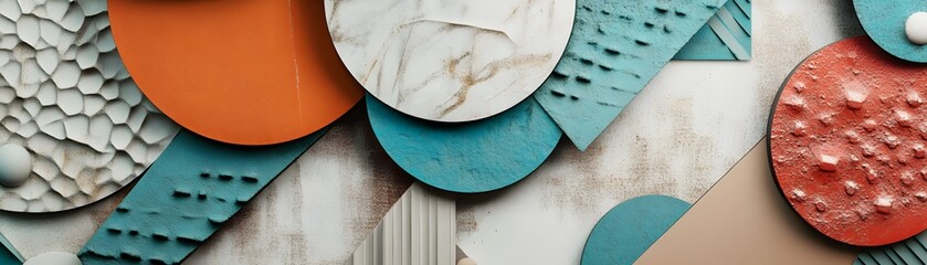 Poster - A vibrant collection of geometric shapes in pastel colors, showcasing fascinating textures and patterns. Perfect for design projects requiring a modern aesthetic.