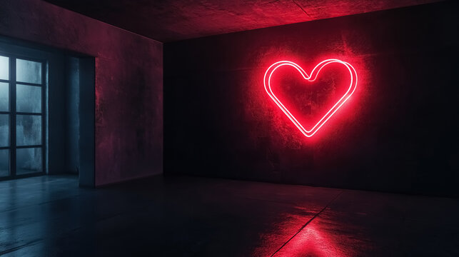 Bright neon heart emitting a warm glow on a dark black wall