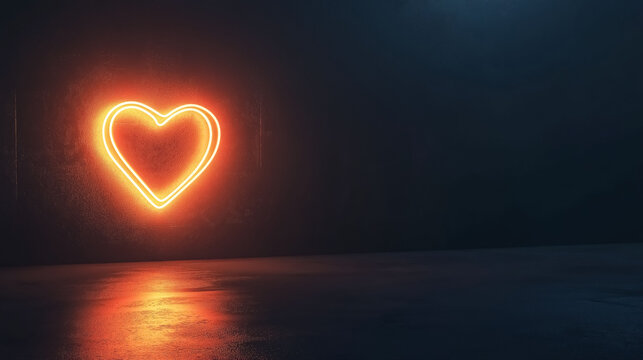 Bright neon heart emitting a warm glow on a dark black wall