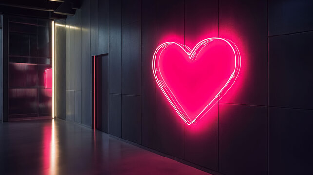 Bright neon heart emitting a warm glow on a dark black wall