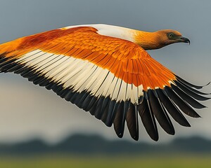 Wall Mural - A vibrant orange and white bird in flight, wings spread wide against a muted background.