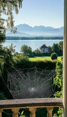 intricate spider s web adorned with dew in foreground, overlooking lake chiemsee and bavarian alps