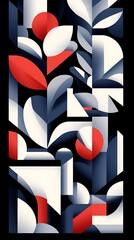 Wall Mural - Abstract geometric art with red, white, and gray shapes, resembling stylized plants.