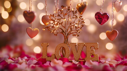 Poster - Glittering Love Sign with Golden Tree and Hanging Hearts for Romantic Valentine's Day Decor