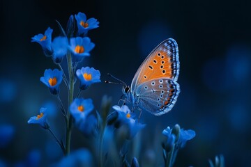 Wall Mural - Colorful butterfly perched on delicate blue flowers during twilight in a serene garden setting