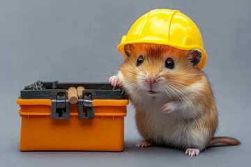 A hamster in a construction worker helmet, standing beside a miniature toolbox, on a smooth gray backdrop. picture