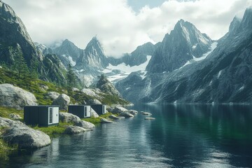 Wall Mural - Serene mountain lake with containers surrounded by rocky terrain and lush greenery during a cloudy day