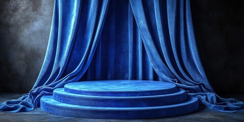 Poster - Stage with luxurious blue curtains and circular platform creating a dramatic presentation space for performances