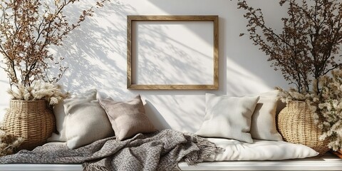 Poster - Cozy interior with decorative pillows and empty frame for art display in a bright room