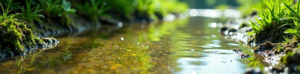 Wall Mural - Dirty water and algae growth in a muddy puddle with aquatic life, slimy, grimy