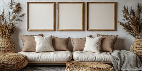 Poster - Cozy living room with neutral decor and natural elements featuring three empty frames on the wall
