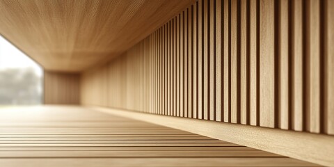 Poster - Unique architectural detailing showcases wooden texture in a modern structure under soft daylight