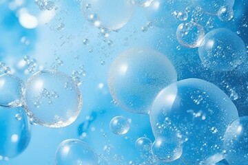 Poster - Crystal clear bubbles float on a light blue background, creating a refreshing and clean abstract image