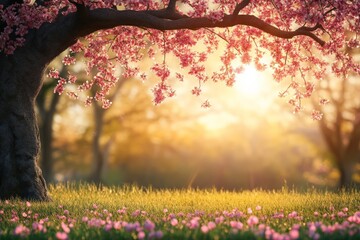 Wall Mural - Beautiful cherry blossom tree in full bloom during sunset in a serene park setting