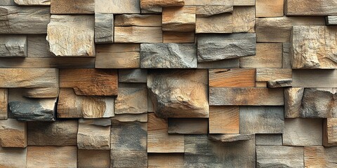 Poster - textured wall of natural wooden planks showcasing various colors and shapes in a rustic setting