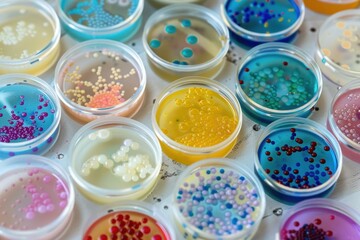 Poster - several petri dishes containing colorful bacteria cultures are sitting on a laboratory table