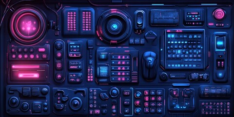 Poster - Intricate arrangement of high-tech control panels with vibrant lights and detailed buttons
