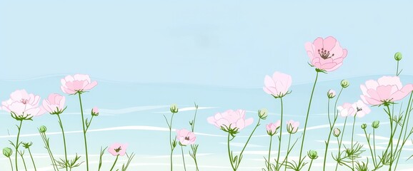 Poster - Spring season depicted on a vibrant green watercolor background. Hand-drawn wallpaper with pink wildflowers and butterflies in a group. Line art style graphic design for banner, cover, decoration,