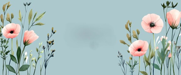 Poster - Spring season on a green watercolor backdrop. Hand-drawn floral and insect wallpaper featuring pink wildflowers and a cluster of butterflies. Line art graphic design suitable for banner, cover,