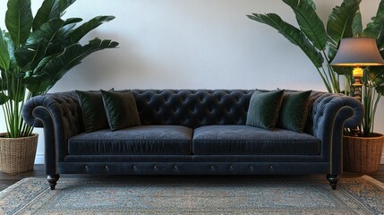 Wall Mural - Velvet sofa, plants, interior design, living room, mockup