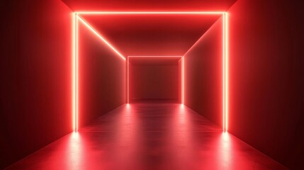 Wall Mural - red virtual abstract space tunnel with neon line lights, spectrum of vibrant colors creating a laser