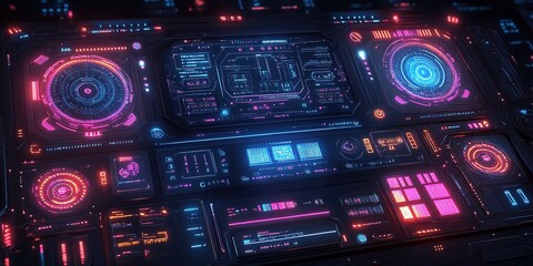 Fototapete - High-tech control panel with vibrant neon displays and advanced digital interfaces at night