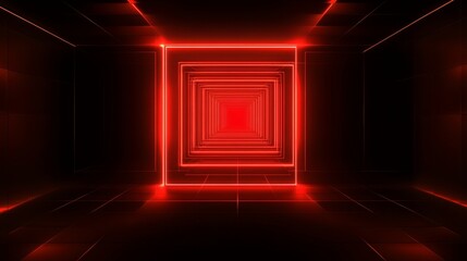 Poster - Red Virtual Abstract Space Tunnel with Neon Line Lights, Spectrum of Vibrant Colors Creating a Laser Show Effect in a Reality Square Portal Arch, Ideal for Futuristic Digital Art, High-Tech Visuals, a