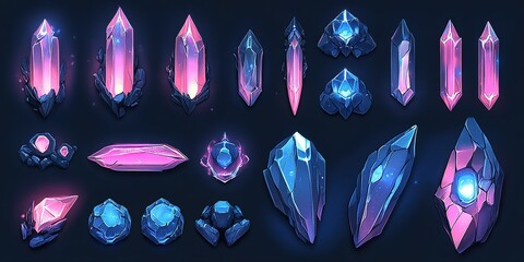Poster - Bright crystals in pink and blue contrast against dark rock formations, showcasing vibrant shapes and sizes