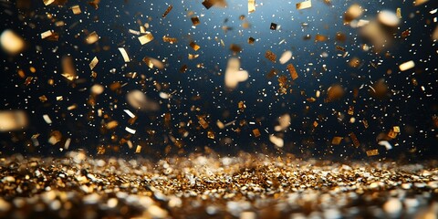 Poster - Golden glitter particles falling gracefully in a dimly lit environment